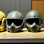 **

"Close-up shot of various types of bulletproof helmets (Kevlar, Dyneema, composite fiber) displayed on a table. Focus on the materials and construction. Emphasize the differences in texture and appearance. NIJ levels subtly indicated on each helmet."

**