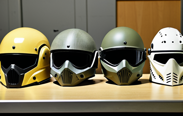 **
"Close-up shot of various types of bulletproof helmets (Kevlar, Dyneema, composite fiber) displayed on a table. Focus on the materials and construction. Emphasize the differences in texture and appearance. NIJ levels subtly indicated on each helmet."
**