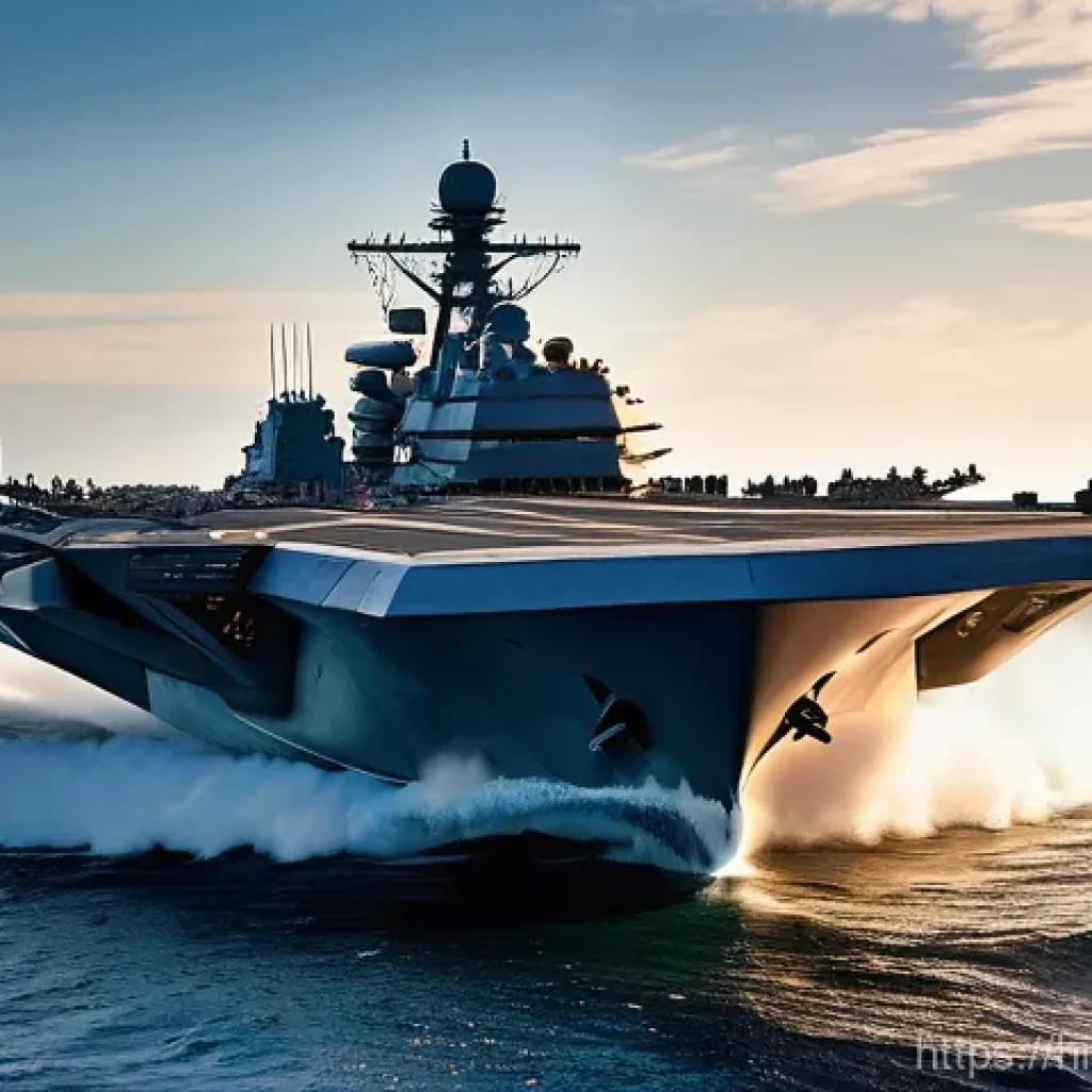 레이저 무기 실전 배치 현황 - **Prompt:** A futuristic, sleek naval destroyer, cutting through calm, deep blue waters under a clea...