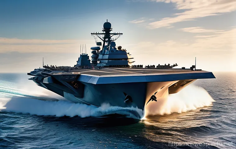 레이저 무기 실전 배치 현황 - **Prompt:** A futuristic, sleek naval destroyer, cutting through calm, deep blue waters under a clea...