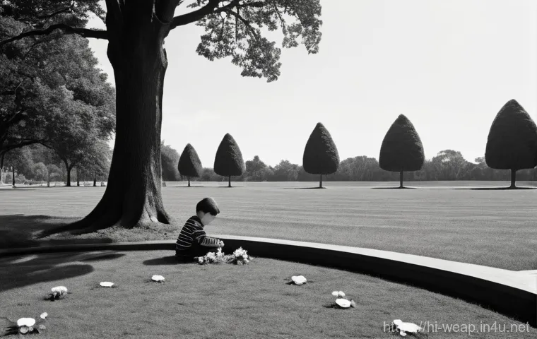 전술 핵무기 사용 가능성 - **Prompt:** "A solemn and serene black and white photograph depicting a remembrance park. In the for...
