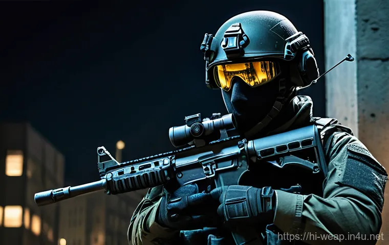 특수 작전용 소형 무기 - **Prompt:** A highly detailed, realistic image of a lone special forces operator in a dense, moonlit...