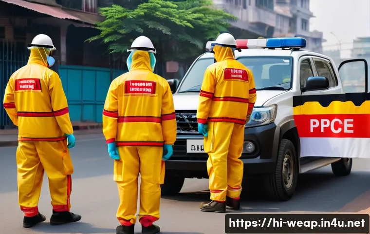 생화학 무기 대응 방안 - A detailed scene depicting a team of Indian emergency responders wearing high-quality personal prote...