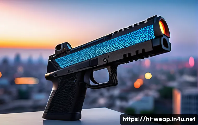 초소형 무기 시스템 개발 - A highly detailed close-up of a compact micro weapon system designed with carbon fiber and titanium ...