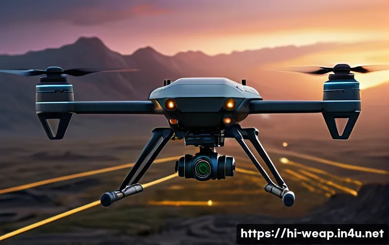 군사용 드론 발전 역사 - A futuristic military drone equipped with advanced multi-spectrum sensors including thermal imaging,...