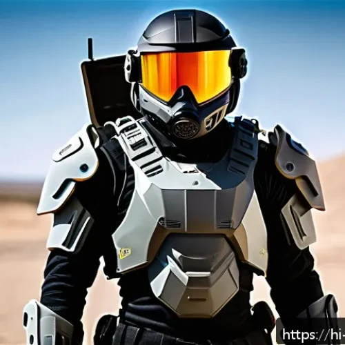 미래형 전투복 기술 - A futuristic soldier wearing advanced smart armor equipped with multiple sensors visibly embedded on...