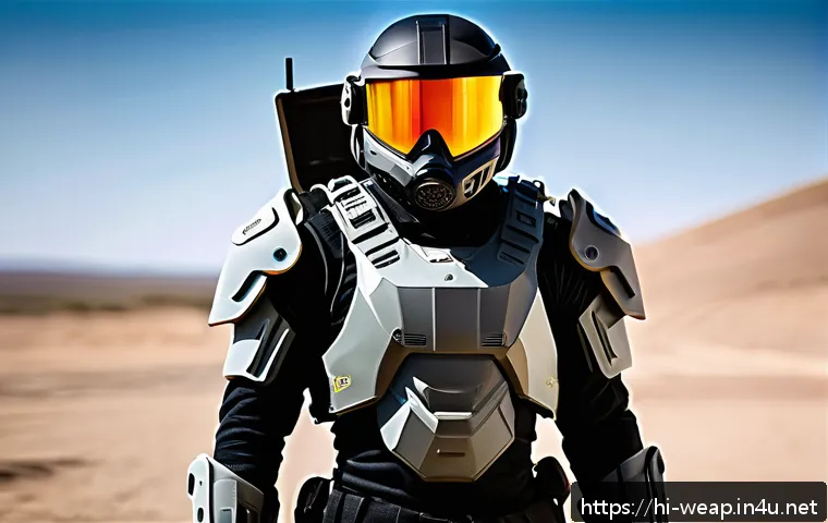 미래형 전투복 기술 - A futuristic soldier wearing advanced smart armor equipped with multiple sensors visibly embedded on...