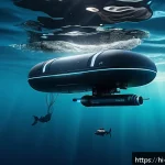 대잠 작전 수행 방식 - A high-tech underwater espionage scene featuring a sleek autonomous underwater drone equipped with m...