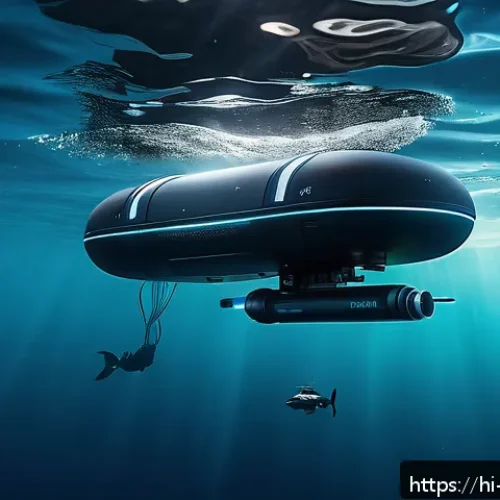 대잠 작전 수행 방식 - A high-tech underwater espionage scene featuring a sleek autonomous underwater drone equipped with m...