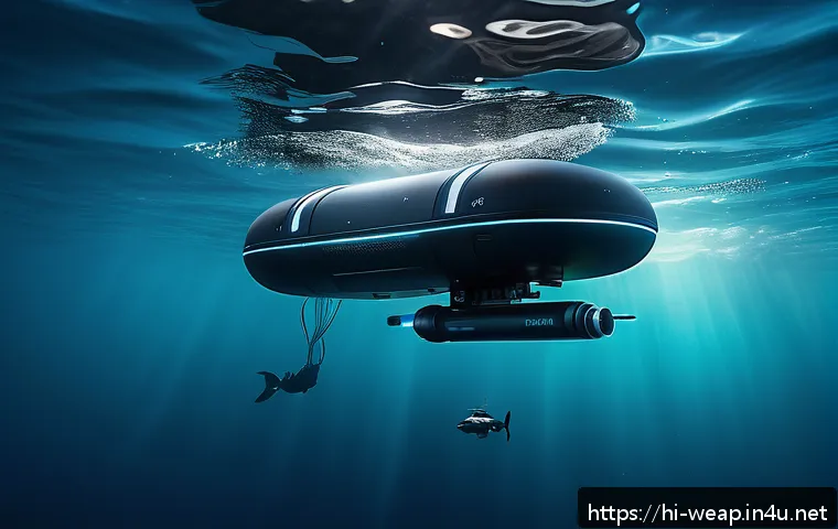 대잠 작전 수행 방식 - A high-tech underwater espionage scene featuring a sleek autonomous underwater drone equipped with m...