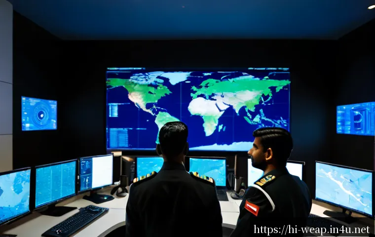 군사 데이터 링크 시스템 분석 - Photorealistic military communications analysis center, diverse Indian defense analysts in modern un...