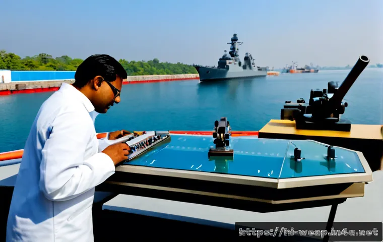 차세대 함포 기술 연구 - Photorealistic naval technology research laboratory, Indian engineers in clean modern safety attire ...