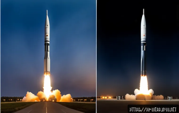 탄도미사일 사거리 비교 - Photorealistic split-screen comparison of two modern ballistic missiles on separate secure launch pa...