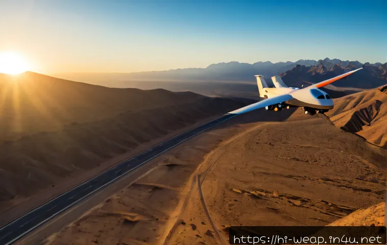 장거리 정찰 무인기 활용 전략 - Photorealistic long-range reconnaissance drone flying high above a vast desert frontier at sunrise, ...